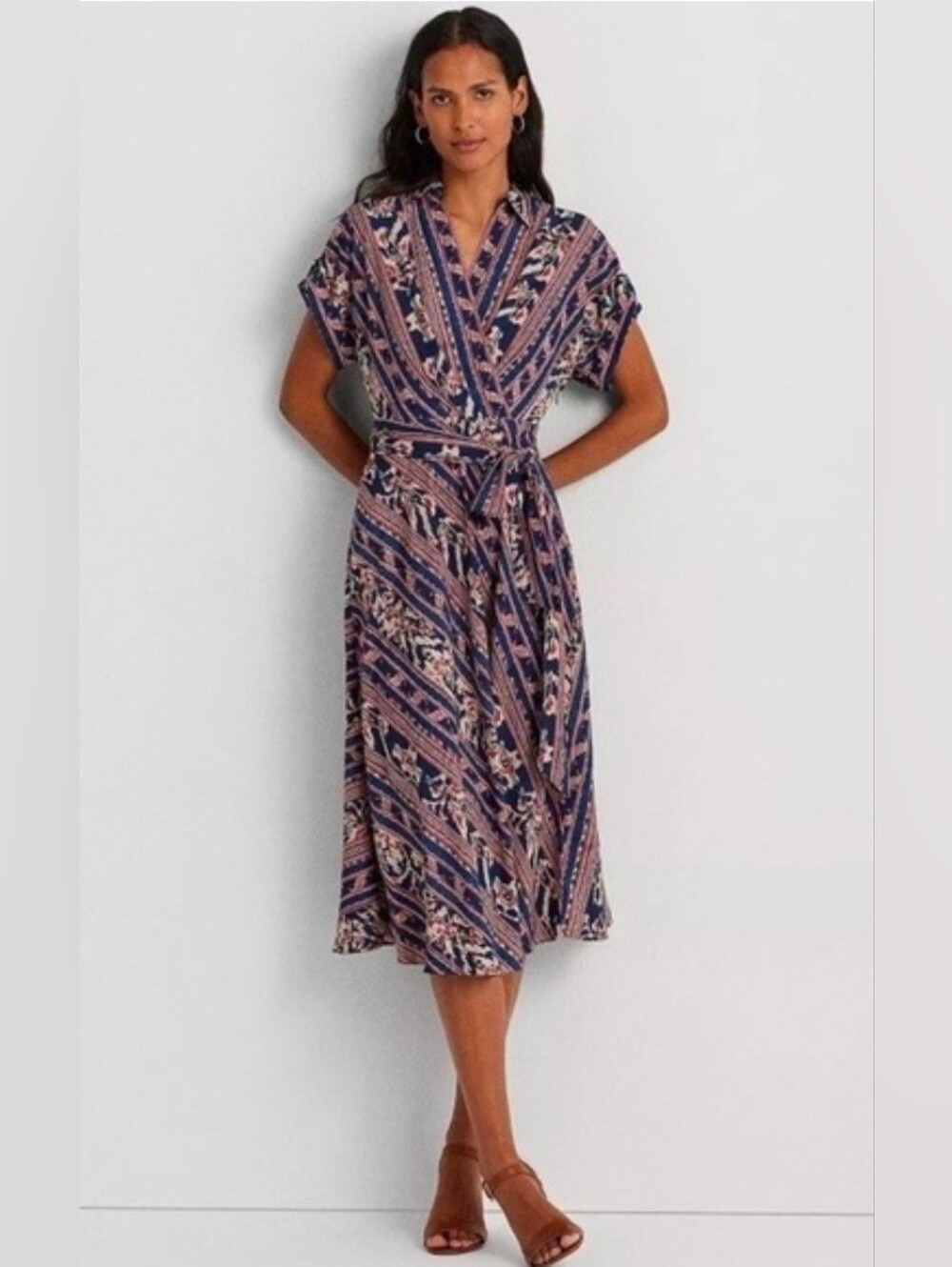 Lauren Ralph Lauren Geo Stripe Ikat Print Crepe Side Zip Dress Belted Size 6 NWT